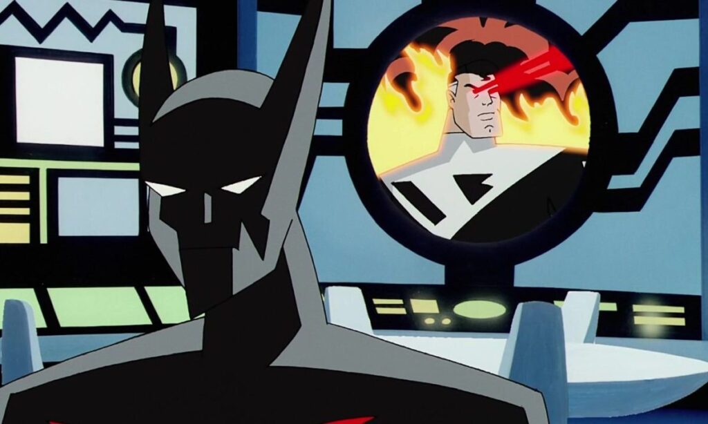 Terry McGinnis as Batman with Superman on a monitor in Batman Beyond