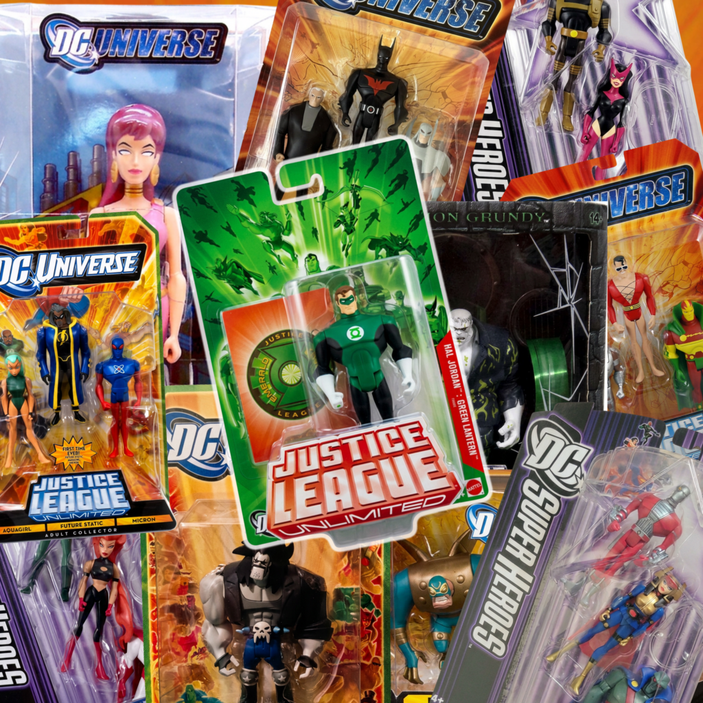 Collage of rare Justice League Unlimited action figures in their original packaging