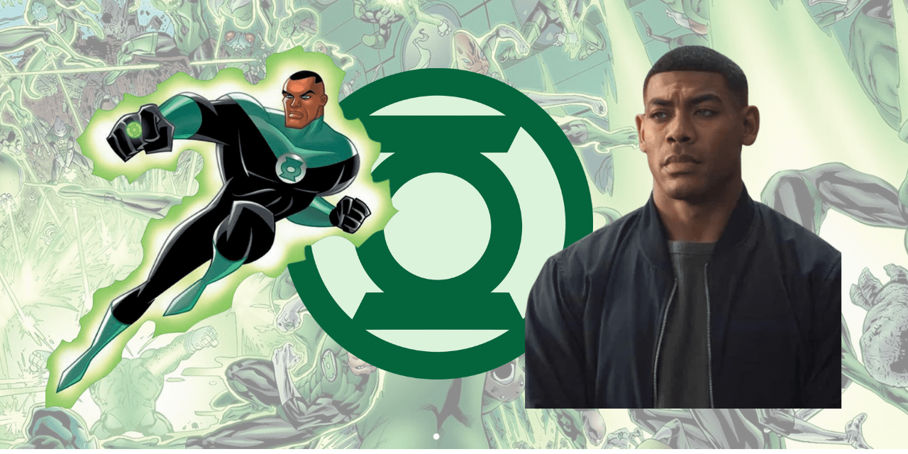 Animated John Stewart and Aaron Pierre as John Stewart beside the Green Lantern symbol