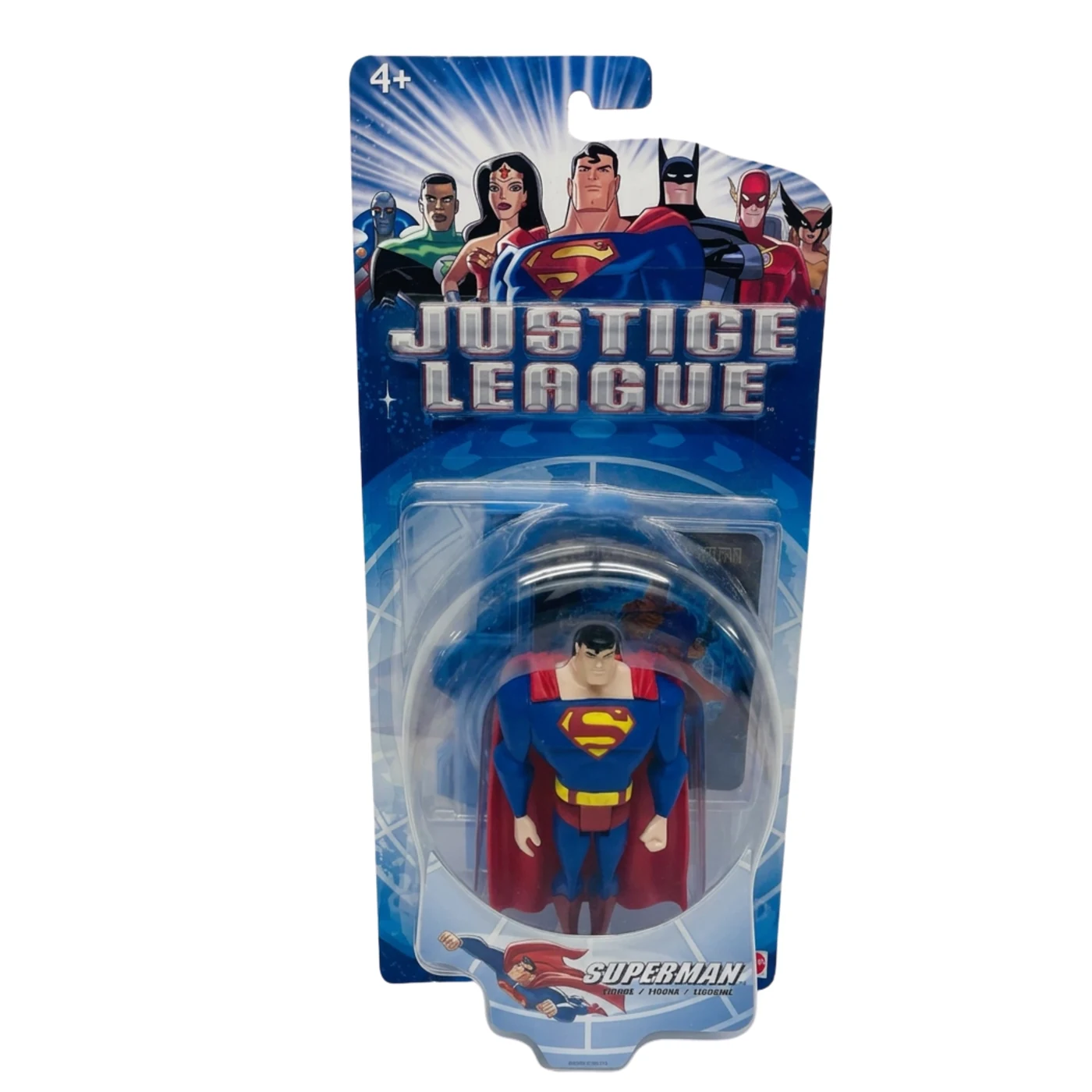Superman on an original blue Justice League action figure card by Mattel
