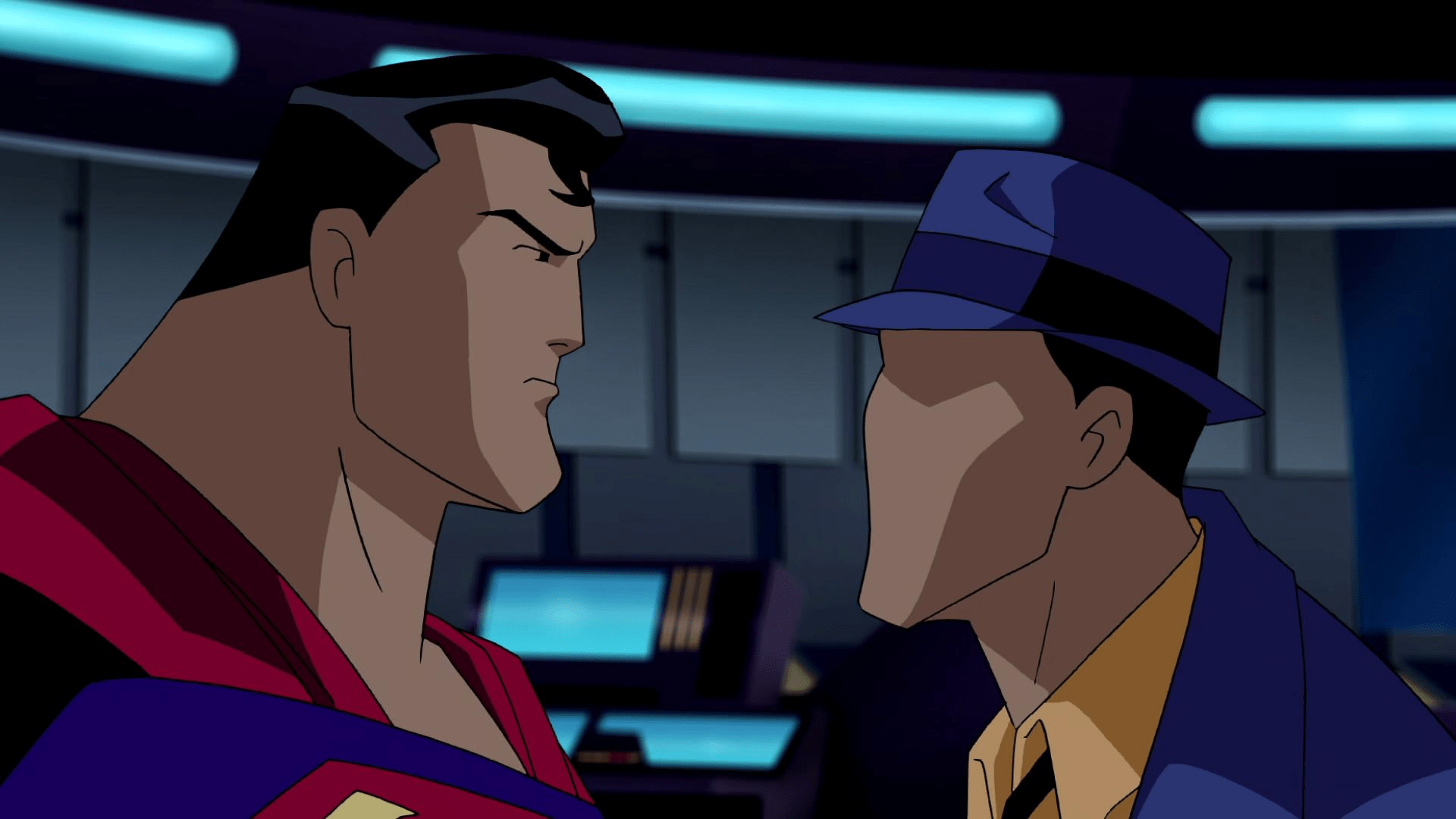 The Question in Justice League Unlimited wearing his blue trench coat and fedora