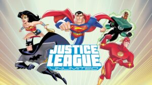 Superman, Batman, Wonder Woman, John Stewart and the Flash in Justice League Unlimited promotional artwork