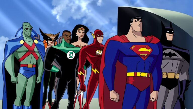 The original seven Justice League heroes: Martian Manhunter, Hawkgirl, John Stewart, Wonder Woman, the Flash, Superman and Batman